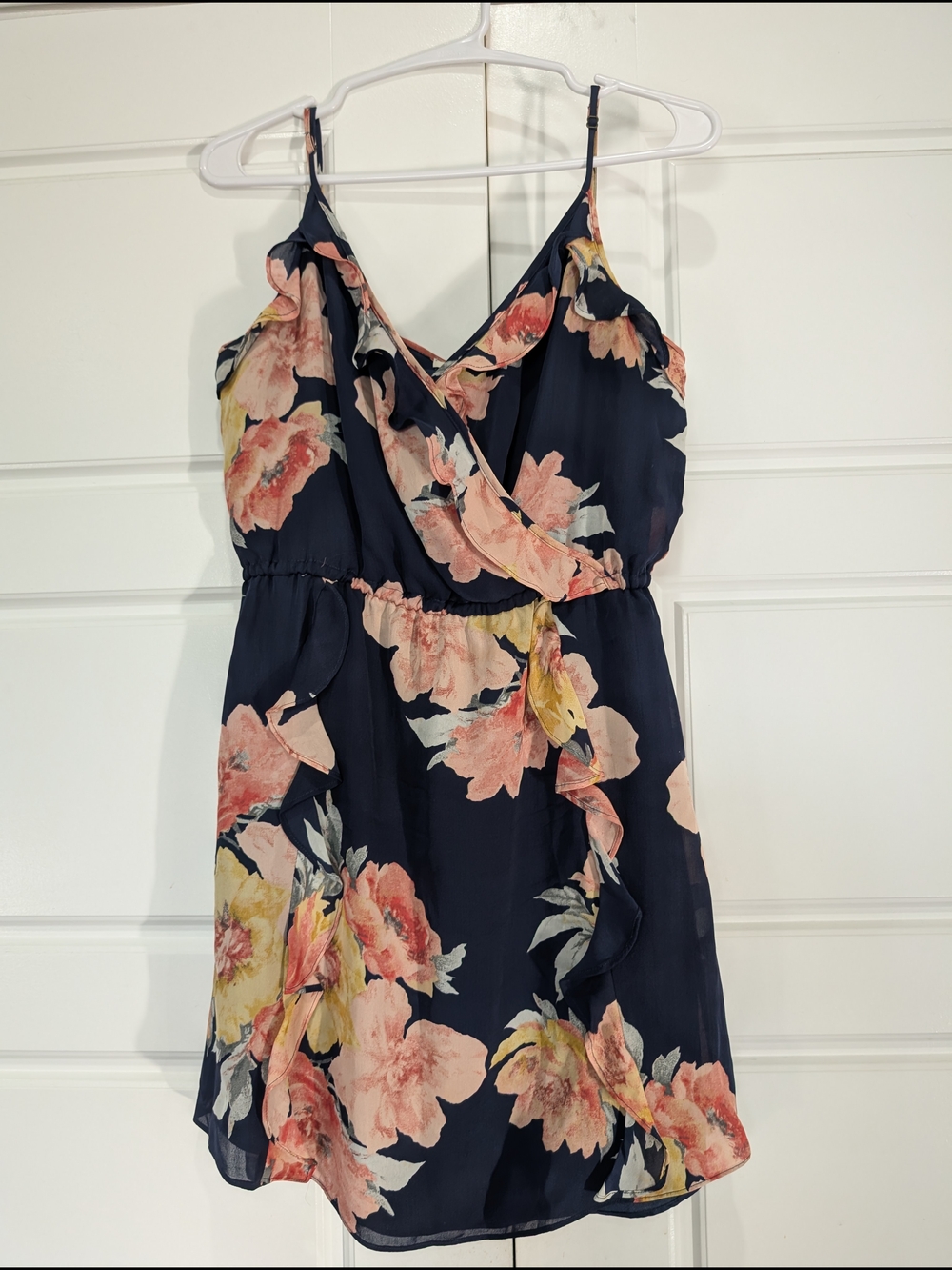 Joie 100% Silk Navy Floral Ruffle Wrap Mini Dress Size M - EUC